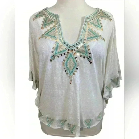 INC International Concepts Beach 100% Linen Turquoise/Gold Embroidered Top Sz L - Picture 1 of 7